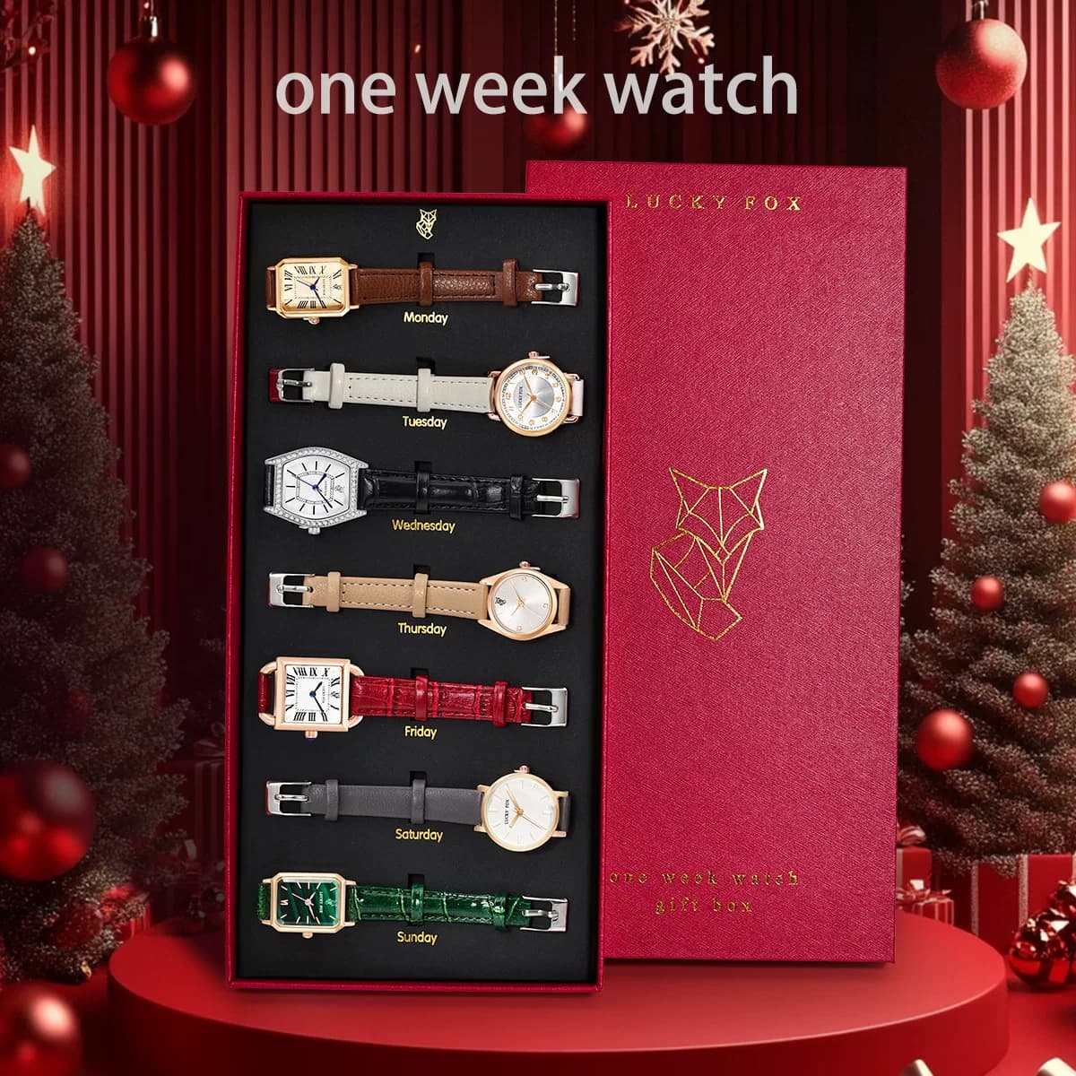 นำเข้านาฬิกาข้อมือ — LUCKYFOX Weekly Watch Simple Casual Retro Quartz Belt ชุดกล่องของขวัญของผู้หญิงส่งของขวัญคริสต์มาส